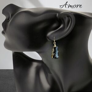 18k white gold Natural Black Snowflake Obsidian Trapezoid Stone Earrings